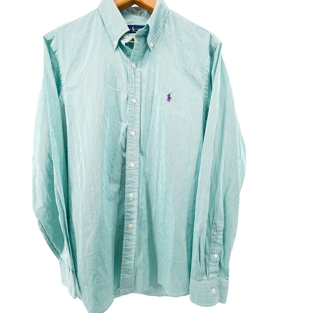 Ralph Lauren Button Down Shirt Men L Green White Striped Long Sleeve Pony Preppy